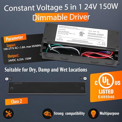 Image of 150W Dimmable LED Driver 24V, 110V-277V AC to 24V DC Led Light Transformer Compatible with lutron and leviton Dimmer, TRIAC /Phase /0-10V /1-10V /Potentiometer /10V PWM 5 in 1 Dimming LED Driver, UL Listed