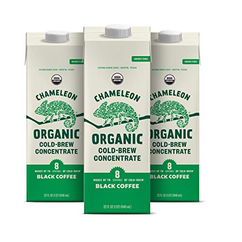 Chameleon Organic Cold Brew Black Coffee Multi-serve Concentrate, 100% Arabica, Toffee & Chocolate, 32 Fl Oz x 3 Cartons