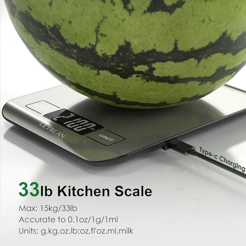 Image of Ultrean Smart Food Kitchen Scale with Nutritional Calculator, App for Macro & Calorie Tracking, AI Scan, Digital Grams and Ounces for Weight Loss, Rechargeable, Stainless Steel, 33lb /15kg