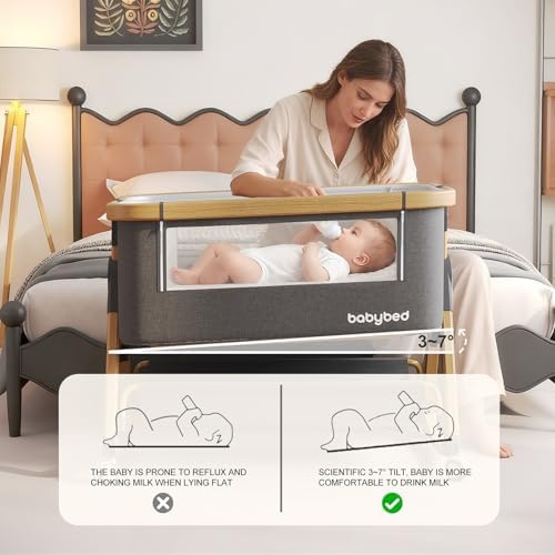Jimberbay Baby Bassinet, 4 in 1 Bedside Cribs with 4D Air Fiber Mattress & Mosquito Net, Waterproof Mattress Bedside Sleeper Baby Cot with Height Adjustment & Storage Basket, Light Grey — view 6