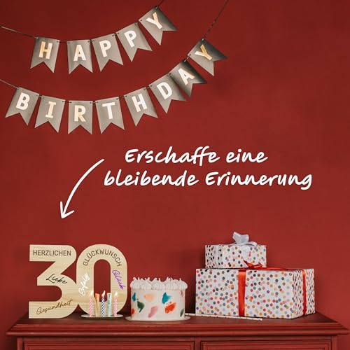 CozyHome Originelle 30. Geburtstag Geschenk & Geburtstag Deko - Inkl. LED Lichterkette + 6 Kerzen & 4 Stifte I Frau Frauen & Männer Geldgeschenke 30er Geschenke Geldgeschenke Gästebuch Holz-Schild