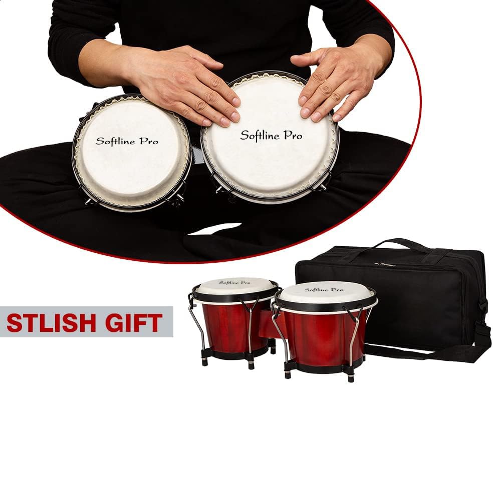 Image of Softline Pro Bongo Drum Set with Tuning Wrench & Padded Professional Wooden Percussion Instrument for Beginner Adults Kids - Natural Skin (Red)