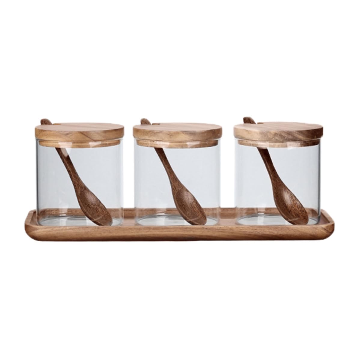 KALLORY Gewürzbehälter Satz aus Glas mit Holzdeckel Löffel und Tablett Durchsichtiges Gewürzglas für Aufbewahrung von Gewürzen für Heimgebrauch und Essbereich