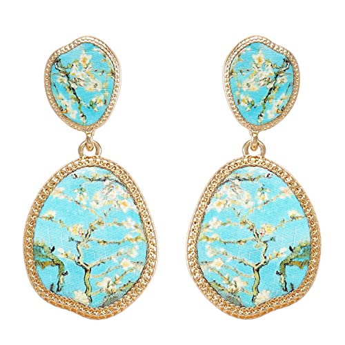 BONALUNA Bohemian Wood And Flower Printed Oval Shaped Drop Statement Earrings
