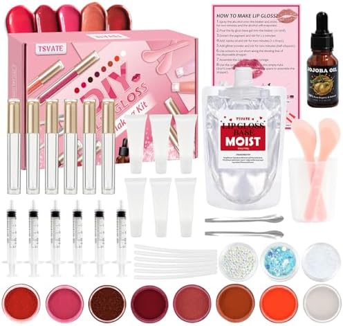 TSVATE Lip Gloss Making Kit, Lip Gloss Kit, Diy Lipgloss Set, Fun Make Your Own Lipgloss Kids Lip Gloss for Girls, Women, Moisturizing Lip Gloss Base, Jojoba Oil, Tubes, Gift for Her