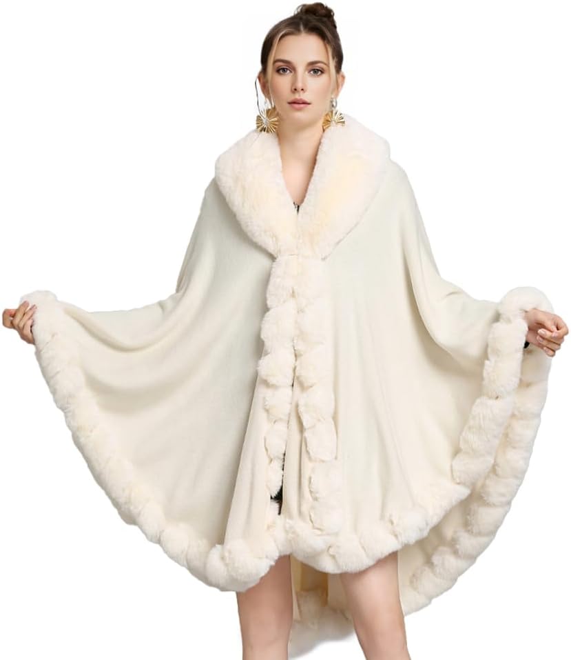 Women Fur Collar Cape Thick Cardigan Coats Fall Winter Faux Fur Shawl Cloak for Dress Evening Party - Image 2