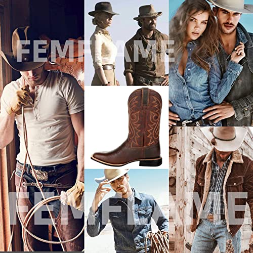 Femflame Cowboy Boots For Men Square Toe Distressed Work Boots Embroidered Western Boots Traditional Country Boot #TOP2