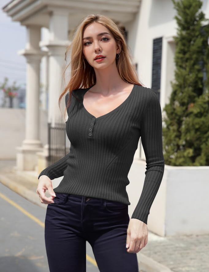v28 Women Tops Long Sleeve V Neck Henley Button Up Casual Sexy Slim Fit Ribbed Knit Knitwear Pullover Sweater3