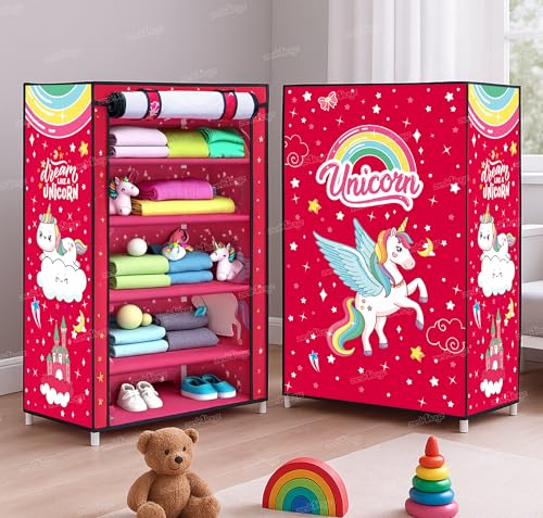 Image of Zest 4 Toyz 5 Shelves Foldable Almirah for Clothes Collapsible Wardrobe Portable Almirah Foldable Racks for Clothes (Unicorn Design)