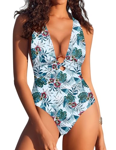 AI'MAGE Traje de Baño de una Pieza para Mujer Sexy Espalda Expuesta Escote en V Bañador Flores Verdes L