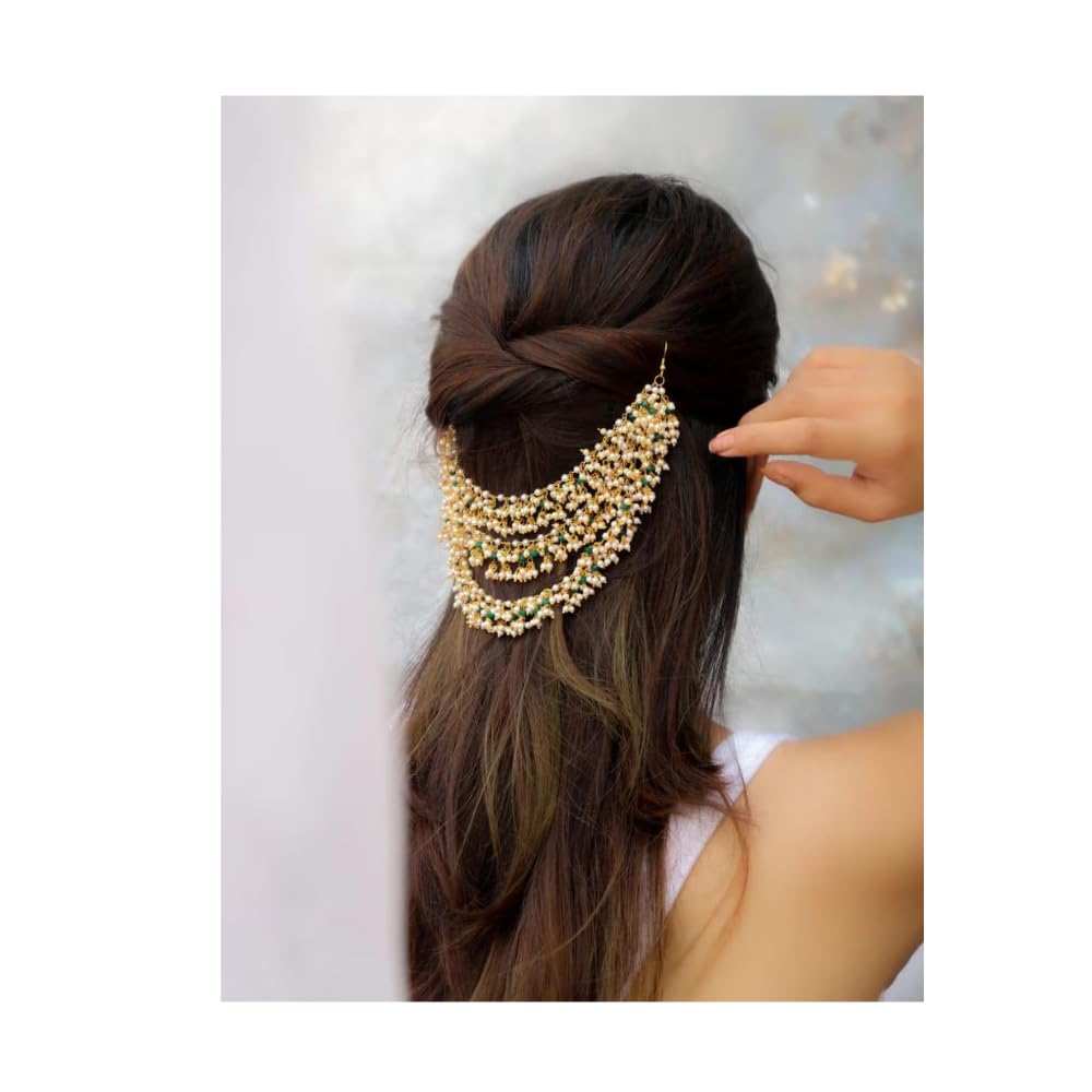 Traditional Gold-Plated Multi-Layered Pearl Hair Clip for Women & Girls | Ethnic Kundan Style Hair Jewelry with Green Beads | Stylish Wedding & Bridal Hair Accessories for Braid & Bun Decor-image-20