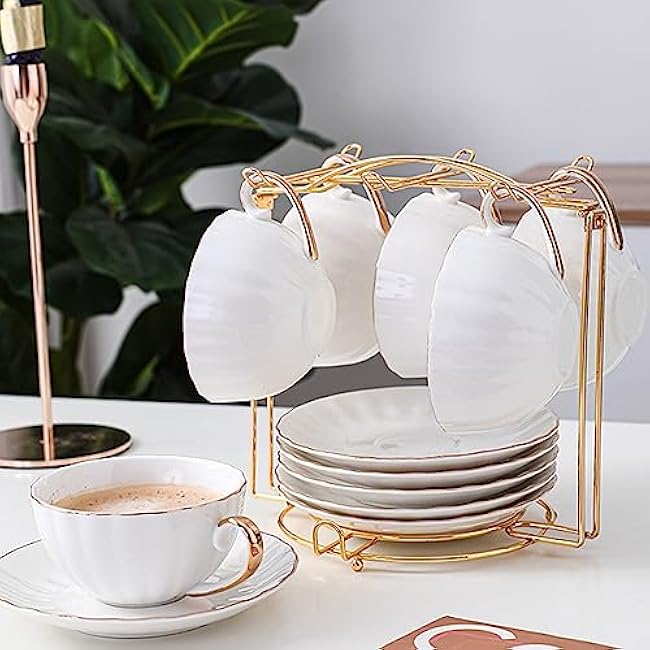 Tea Cups and Saucers Holder,Metal Tea Cups Coffee Cups Rack,Organizer for Coffee Cup Spoon and Saucers (Gold)