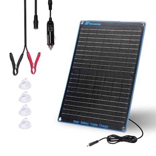 Image of Nicesolar 20W 12V Solar Panel Car Battery Trickle Charger & Maintainer with Cigarette Lighter Plug & Alligator Clip & Battery Cable for Car Automotive Motorcycle Boat Marine Snowmobile Watercraft RV