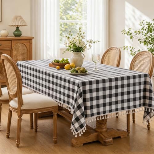 JIALE Gingham Tablecloth Square Cotton Linen Fabric Checkered Table Cloth with Tassel Washable Wrinkle Free Buffalo Plaid Table Cover for Party Outdoor Picnic Kitchen Dining, Black and White, 55x55 by JIALE - Used condition - Image 3