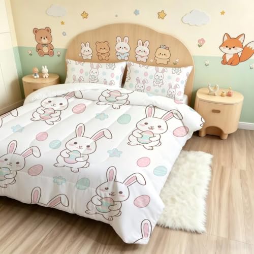 Image of Cute Easter Bunny Comforter Set Twin Size White Rabbit Bedding Set | Cute Cartoon Rabbit Holding Eggs Bedding Set for Kids Boys Girls, Soft Microfiber Bed Set with Pillowcase for Room Decor