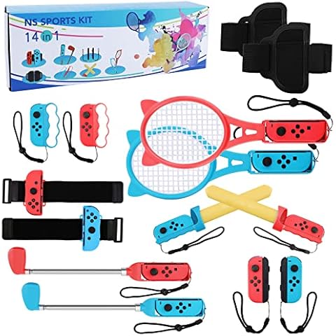 14 in 1 Nintendo Switch Sports Accessories Set Switch Sports Bundle for N-S Sports Game with Tennis Badminton Rackets, Leg Straps, Wrist Strap, Golf Club, Fencing Grip, Boxing Ring, Hand Strap Cover