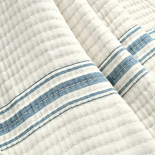 Image of Lush Decor Farmhouse Stripe Kantha Pick Stich Yarn Dyed Cotton Woven Throw Reversible Ticking Pinstripe Design Blanket, 50 inch x 60 inch, Blue