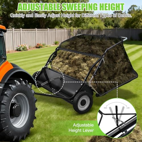 image for pofluany 44 Inch Lawn Sweeper Tow Behind, 25 cu.ft. Large Pull Behind 