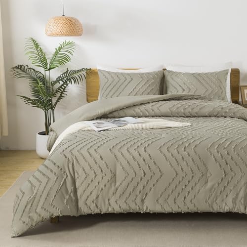 Image of Andency Oatmeal Comforter Set Queen Size, Boho Soft Warm Tufted Bedding Comforter Sets for Queen Size Bed, 3 Pieces Aesthetic Chevron Farmhouse Cute Bohemian Textured Bed Set