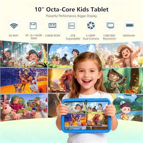Image of ITDULCET Kids Tablet, 10 inch Android 15 Tablet for Kids, 20GB RAM 128GB ROM Octa-Core 6000mAh Battery Childs Tablets with Shockproof Case, Bluetooth, WiFi, Parental Control, Dual Camera, GPS