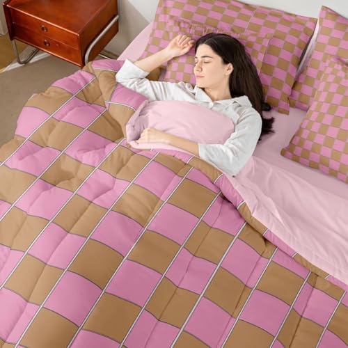 Image of Erosebridal Gaming Plaid King Bed in A Bag 7 Piece Geometric Checkered Comforter Set with Sheets Pink Brown Bedding Sets for Kids Adults,Cute Checkerboard Bed Set