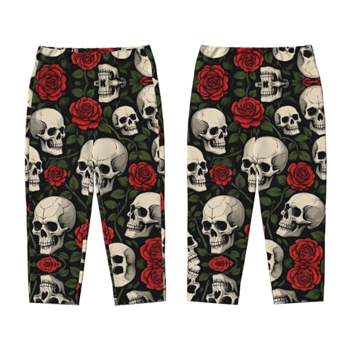 Pajama Pants Pajama Bottoms with Elastic Waistband Sleepwear Lounge PantsSkull Rose Flowers Print3