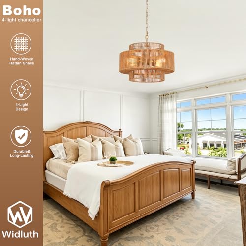 Widluth17.7 Rattan Pendant Light, Hand-Woven Boho Farmhouse Hanging Light Fixture, Drum Wicker Rattan Chandelier for Kitchen Island, Bedroom, Dining Room, Entryway by Widluth - Image 6