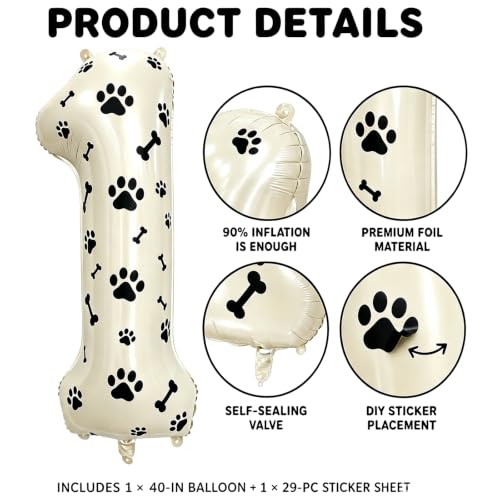 Image of 40 Inch Cream Beige Number 1 Foil Balloon DIY with Dog Paw Bone Stickers