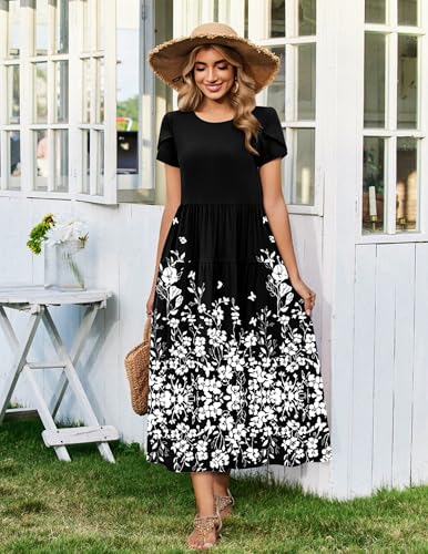 Image of Zeagoo Summer Dresses for Women 2026 Maxi Bohemian Floral Short Sleeve Long Dress Casual Flowy Tired Beach Sundress