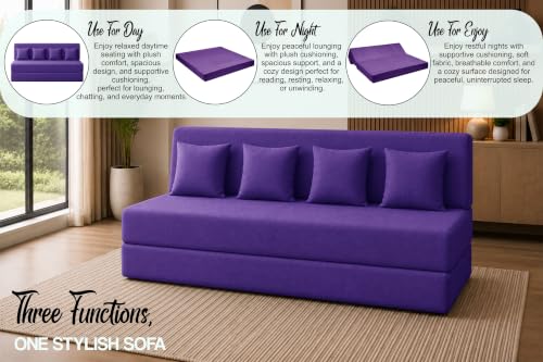 Image of Sofa Cum Bed with Jute Fabric, Convertible Four Seater Sofa Bed 6x6 Ft, Comfortable Cushioned Seating, Space Saving Design for Living Room, Bedroom & Guest Room - Purple Color