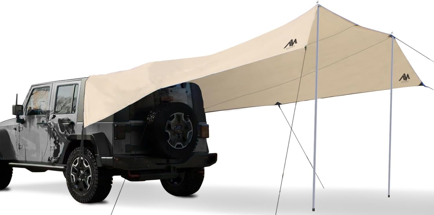 AYAMAYA Car Awning Camping Tarp Tailgate - 14 x 16 FT Extra Large Car Tent Tarp with 2 Poles Included, Multifunctional Waterproof Rain Fly Sun Shelter Canopy for SUV Truck Jeep Outdoor Activities Tailgate Tarp