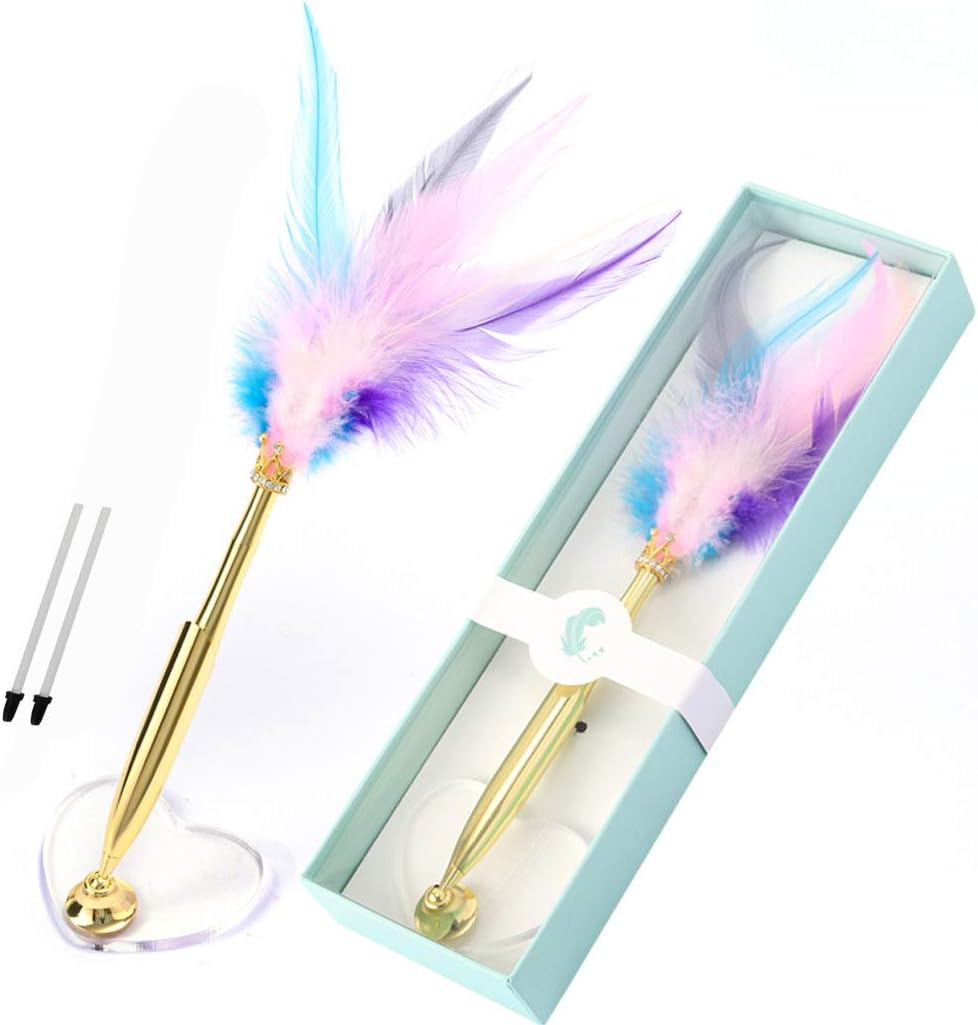 SIPLIV Feather Pen Rollerball Pen with Heart-shape Decorative Base Holder Black Ink Ballpoint Quill Pen Add an Elegant Touch to Weddings