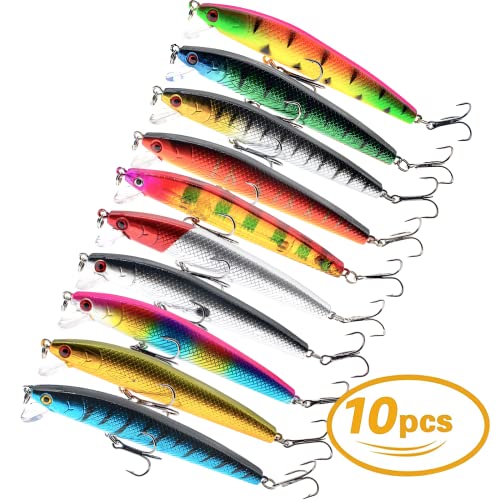Fishing Lures For Freshwater, 10 Pcs Topwater Crankbaits Set Hard Baits Minnow Lure With Treble Hook For Bass Trout Perch Walleye Redfish(3.94",0.32Oz) #TOP1