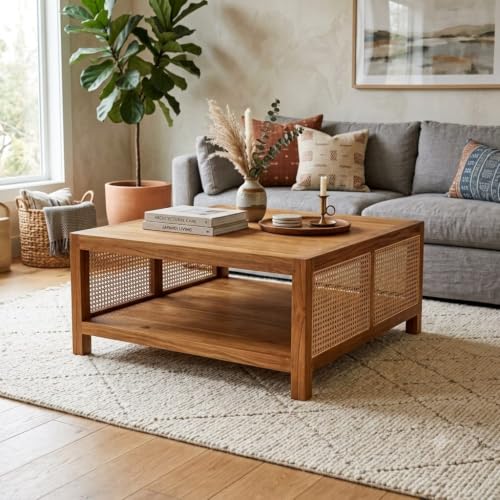Image of Wooden Center Coffee Table with Storage | Solid Wood Centre Table for Living Room, Drawing Room & Office (C-Honey)