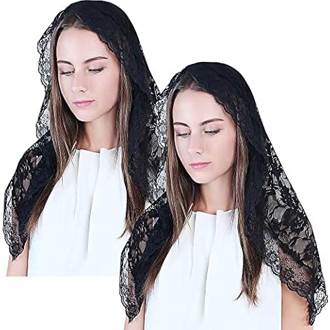 Beautyflier Black Veil Lace Mantilla Catholic Church Chapel Veil Head Covering Latin Mass, 2pcs, Black, 35" Cover