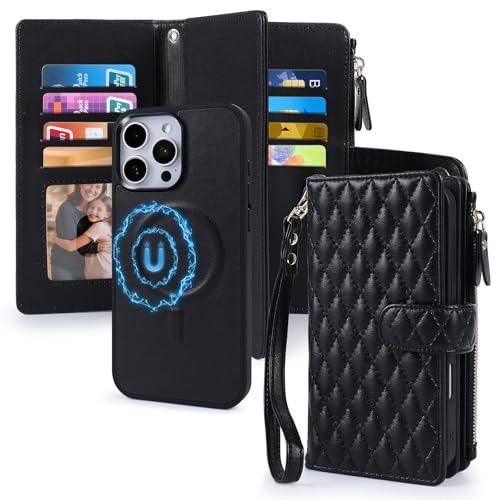 Harryshell 2 in 1 for iPhone 15 Pro Max Wallet Case Magnetic Compatible with Magsafe RFID Blocking Card Holder Detachable Phone Cover Zipper Purse Kickstand Wrist Strap for Men Women Quilted Black