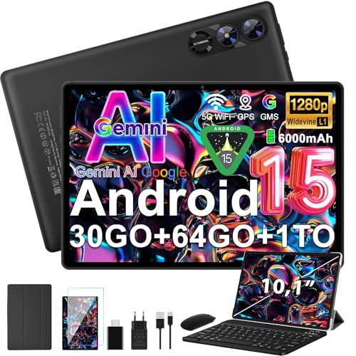 Android 15 Tablette 10 Pouces avec Gemini AI, Octa-Core Tablettes PC, 30 GO RAM+ 64 GO ROM (1TO TF), 3.5mm Audio/ WiFi 6 & BT 5.0 / 6000mAh /GPS/Widevine L1,Tablettes avec Clavier+Souris et Cas-noir