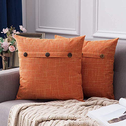 MIULEE Funda de Cojín de Lino con Botones Duradero Moderno Cruzado de Estilo de Casa Rural Funda de Almohada con Adorno de Botón Decoración de Cojín para Sofá Cama Hogar Oficina 65x65cm Naranja