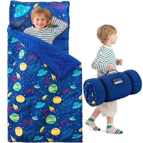 Image of JOIEDOMI Toddler Nap Mat with Removable Pillow and Minky Blanket 55''x30'' Kids Sleeping Bag for Boys and Girls Ages 3-6 Roll Up Soft Nap Mats for Preschool Kindergarten Daycare Sleepover
