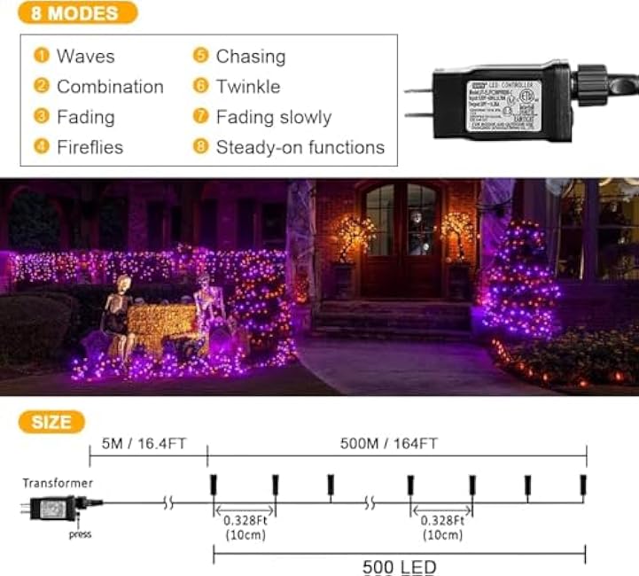 weillsnow 164FT 500 LED Halloween Lights, 8 Modes Waterproof Plug in String Lights for Halloween Indoor Outdoor Yard Party Wedding Garden Home Decorations (Purple & Orange)