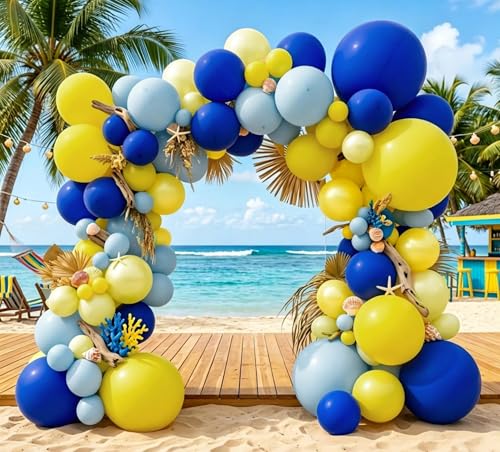 Image of Blue and Yellow Balloon Garland Double Stuffed Pastel Yellow Dusty Blue Balloon Arch Kit for Summer Tropical Hawaiian Luau Lemon Baby Shower Birthday Wedding Party Decor