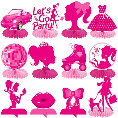 Hot Pink Girl Party Honeycomb Centerpieces 12Pcs Pink Birthday Party Decorations for Girls Hot Pink Princess Birthday Centerpieces for Bachelorette Party Bridal Shower Girls Birthday Party Supplies