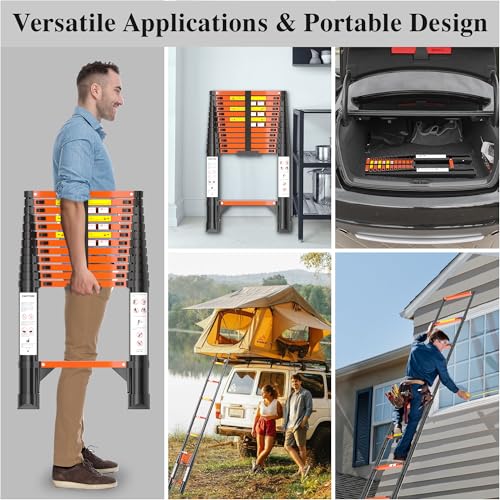 Image of Telescoping Ladder, 12.5 FT Aluminum Extension Ladder 330 Lbs, Black Orange | Telescopic & Retractable, Collapsible Extendable Ladder for House, Roof, RV & Travel Trailer
