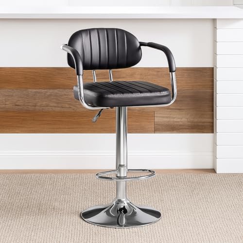 Image of Nityam Height Adjustable Bar Stool Chair with Arms for Home Office Kitchen Counter Shop Bar Restaurant Cafe with Footrest, Black Leather, 360 Swivel, Chrome Base, Soft Padded Seat, (Color-Black)