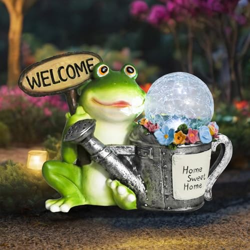 Solar Garden Outdoor Statues Frog Statues with Solar Light, Outdoor Mushroom Frog Figurines Decorations Yard Decor for Patio Balcony Lawn Ornament, Unique Housewarming Gifts for Women