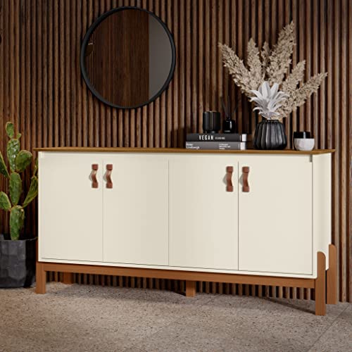 Buffet Armário Organizador Aparador Balcão Sonetto 4 Portas Puxador em Couro para Sala Jantar e Esta