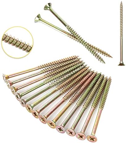 SHANQ 130PCS M6 x 100mm Long Wood Screws, Flat Modified Truss Head Wood Screws, Galvanized Steel Self Tapping Screws, Multipurpose Pozi Screws - Countersunk Head | Zinc Yellow