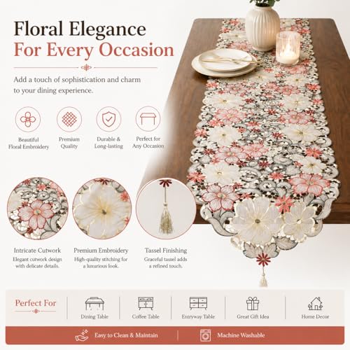 Image of MONKDECOR Design - 022 Tissue Cutwork Centre / Dining Table Runner (Size- 15x70 Inches)- Maroon
