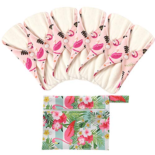 6 Stück Slipeinlagen Waschbar aus Bambusfaser, Waschbare Stoffbinden, Wiederverwendbare Binden, mit 1 Tragbare Mini Tasche Wiederverwendbare (Groß- 30cm/11.8 inch, Rote Flamingo) Cover