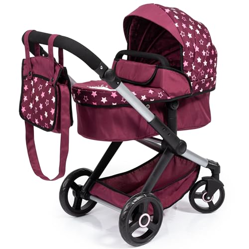Bayer Design 17023AA Puppenwagen Xeo mit Tasche, höhenverstellbarer Griff, Schwenkschieber, wandelbar als Puppenjogger, bewegliche Vorderräder, integrierter Korb, Bordeaux, Rosa